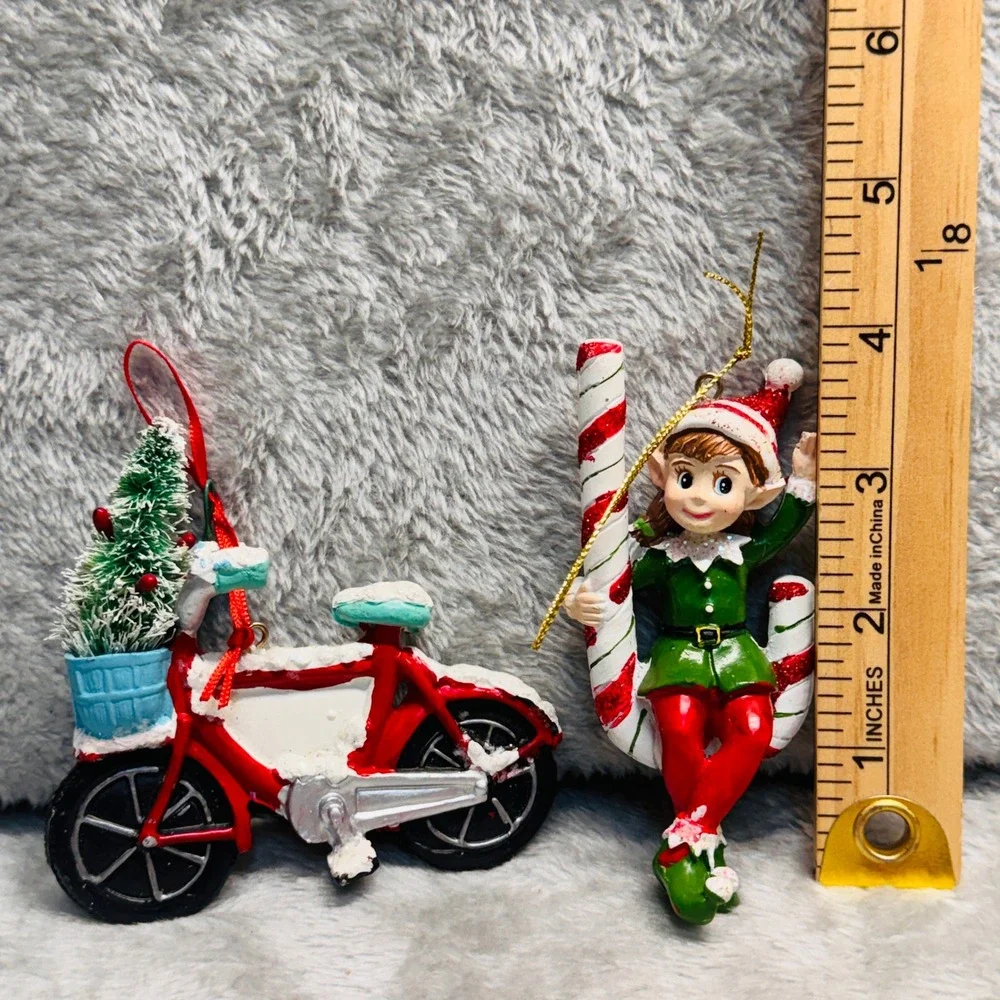 Vintage Christmas Elf on Candy Cane Bicycle Ornament Festive Retro Holiday Decor